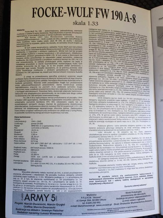 Focke- Wulf FW 190A- 8, model kartonowy, 1:33, Answer, nowy