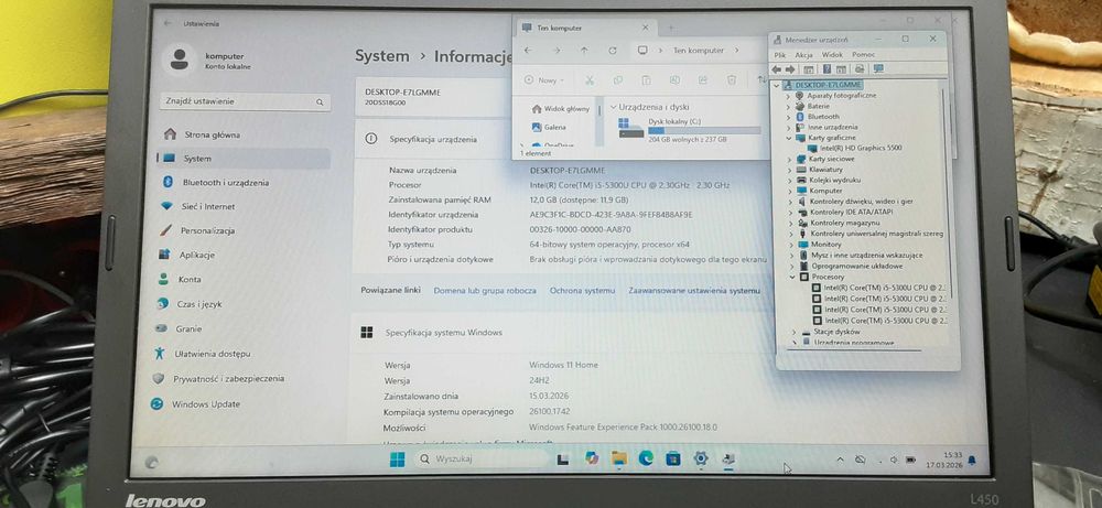 Lenovo T450 /HD5500/Win11pro/Ram10/256SSD/WiFi/Bluetooth/Bat4Godzin