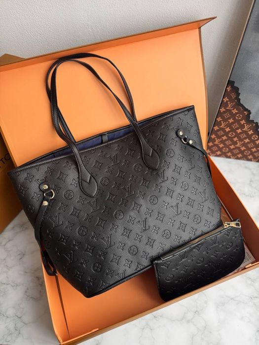 Сумка - шопер Louis Vuitton Neverfull, жіноча сумка, чорна шкіряна луі