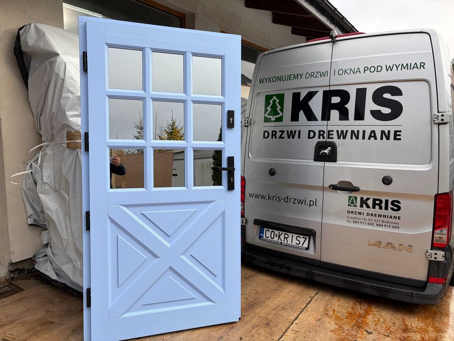 Drzwi zewnętrzne drewniane Amerykańskie  Niebieskie MONTAŻ CAŁA POLSKA