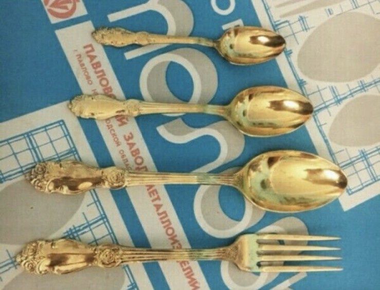 Позолоченые мельхиоровые ложки вилки мельхиор троянда роза