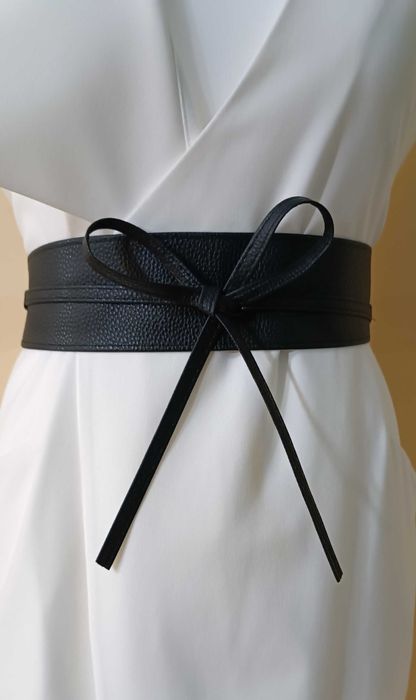 Damski Skórzany Czarny Szeroki pasek do Sukienki Koszuli Kokarda