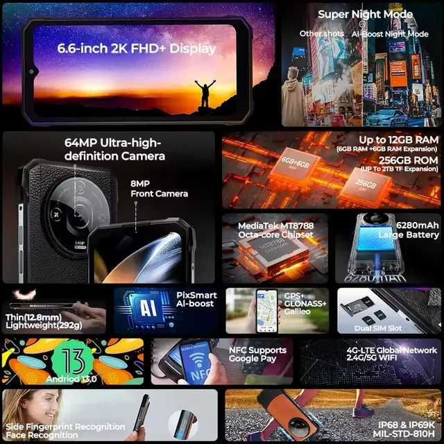 Смартфон Hotwav T7 Pro Orange 6/256Gb NFC 6280mAh Octa Core Защищенный