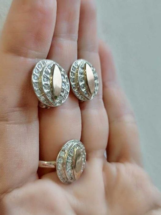 Серьги + кольцо, серебро 925 + золото 375, с золотыми пластинами