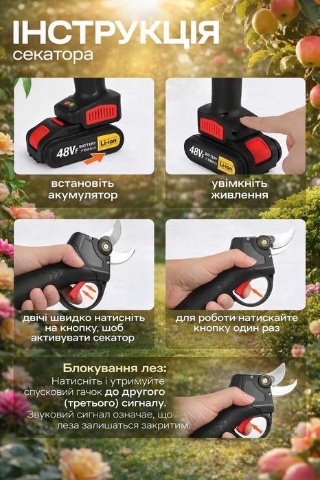 Акумуляторний садовий секатор з 2 акумуляторами Електросекатор