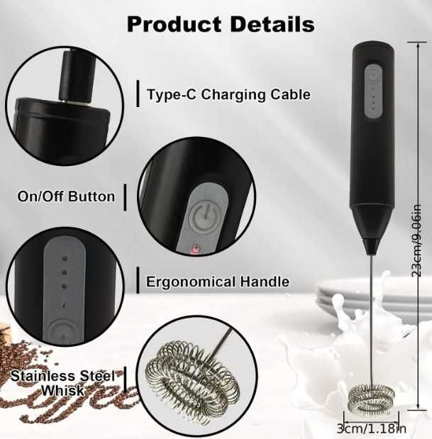 Mini Batedor 3 Velocidades Recarregavel USB - C