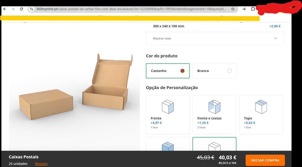 Caixa selada de 25 caixas de cartão para encomendas 250 x 200 x 100 mm