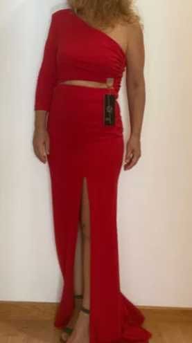 Vestido de festa Betzzia vermelho comprido uma manga 36