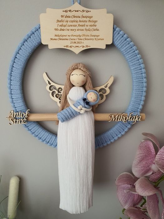 Anioł Stróż z dzieciątkiem pamiątka chrztu chrzest makrama