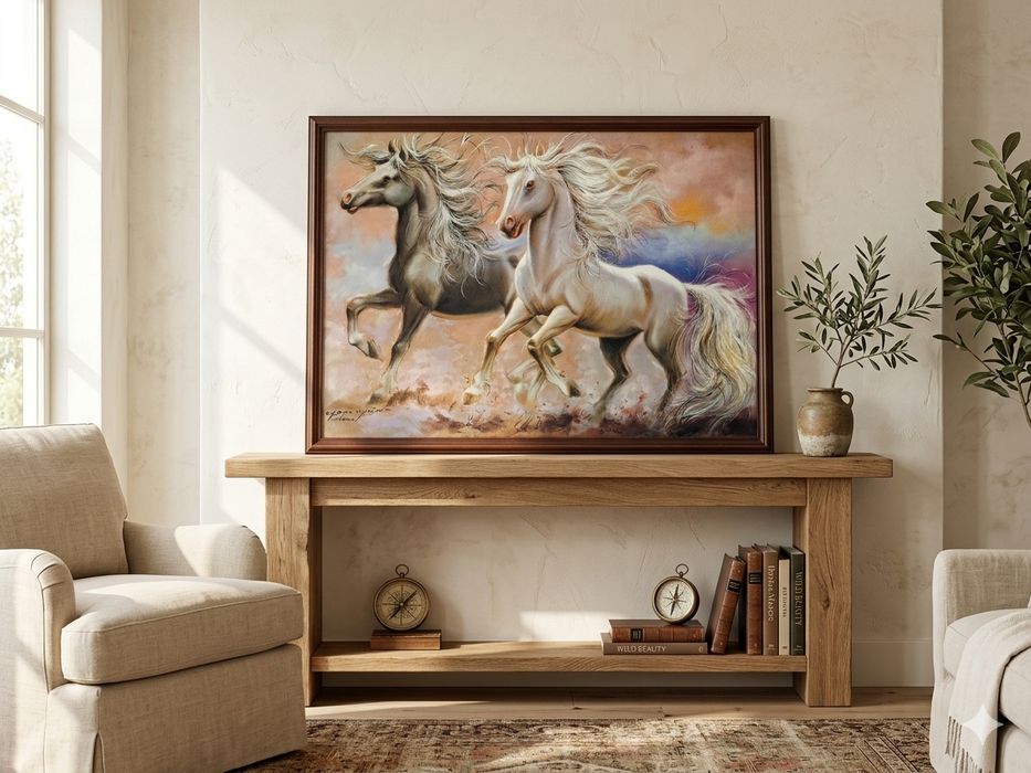 Quadro a Óleo Cavalos Brancos em Corrida Carlo Perini - Milano