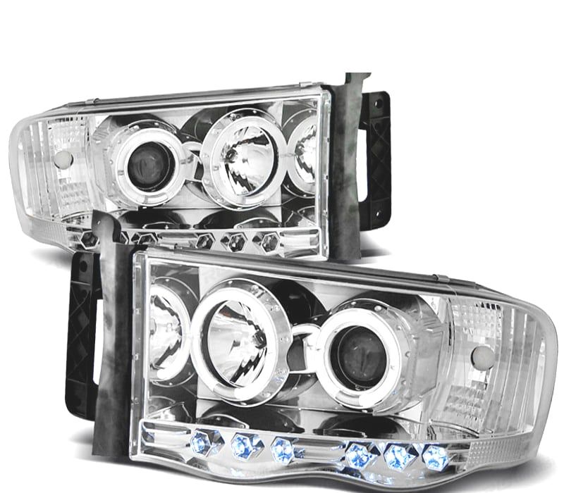 CONJUNTO DE FARÓIS PARA DODGE RAM 02-06 ANGEL EYES + LEDS CROMADOS