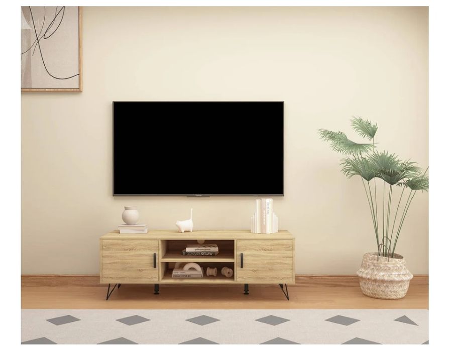 Móvel TV com arrumação e acabamento em madeira (120x40x45cm)