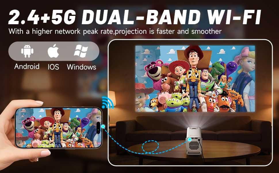 Mini projektor z WIFI 6 i Bluetooth 5.4, inteligentny przenośny projektor obsługuje 4K 1080