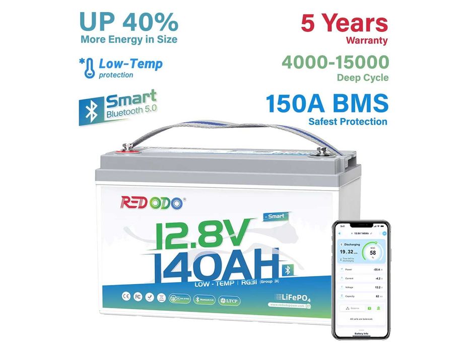 REDODO 12V 100/140/165/200/280Ah Bluetooth LiFePO4 - Акумулятори із США