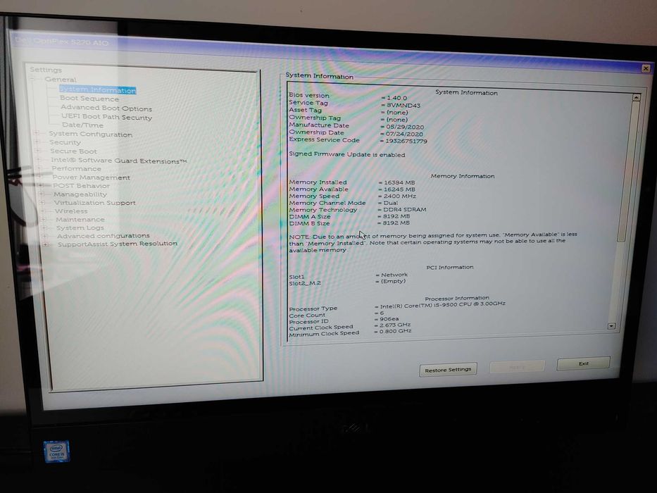 Komputer AIO DELL Optiplex 5270 / Intel Core i5-9500 / 16 GB DDR4 / 240 GB SSD / Klawiatura i Mysz Logitech / Windows 11 /