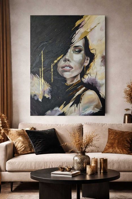 Nowoczesny obraz Portret kobiety, struktura farby, złoto 80x60cm