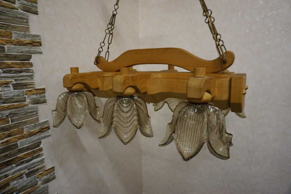 Żyrandol Lity Dąb Dębowy Jasny Masywny 6 Pięknych Kloszy szer 90 d-983