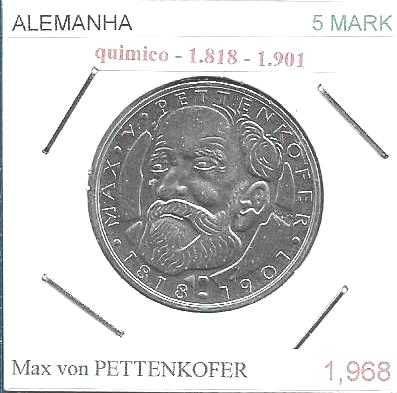 Alemanha - - 5 Mark - 1968-D - - Max von Pettenkofer -- Moeda de Prata