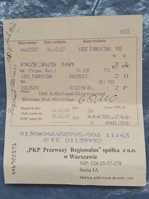 Stary bilet PKP 2007rok
