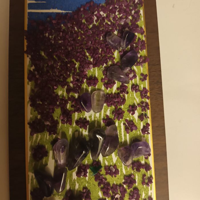 Панно на доске " Фудзи и Кавагутико", украшено камнями