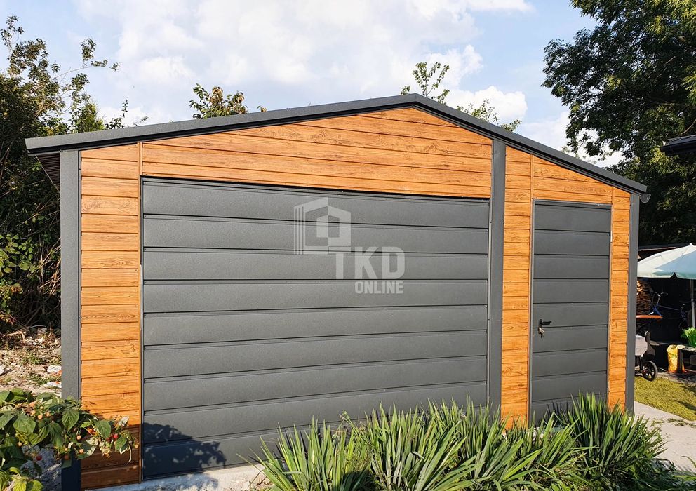 Garaż Blaszany 4,5X5 Brama Drzwi Okno Antracyt Jasny Orzech Tkd85