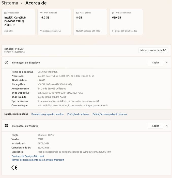 PC Gaming i5-9400F GTX 1080 8gb  - 16gbRAM