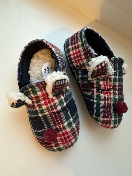Капці тапочки домашні дитячі новорічні в клітинку вушка 24/25