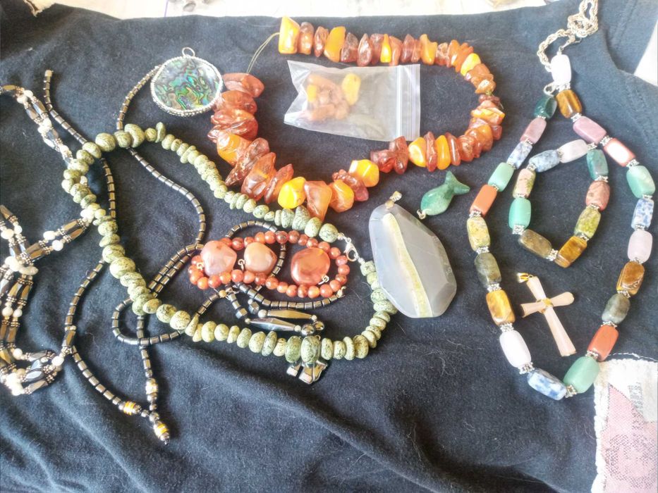 Винтажные бусы из натуральных камней янтарь сердолик гематит жемчуг