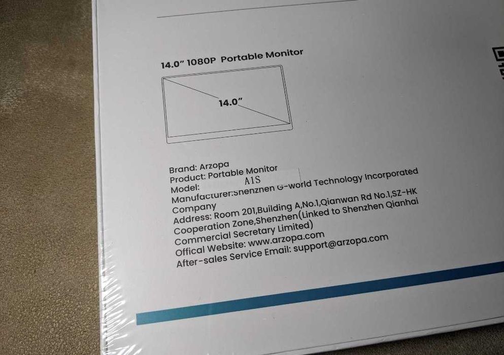Портативный монитор Arzopa A1s slim на 14", 1080p, HDR, IPS, sRGB 99%