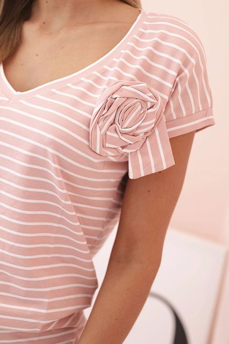 Bluzka damska pudrowy róż w paski bawełniana dekolt V S–L