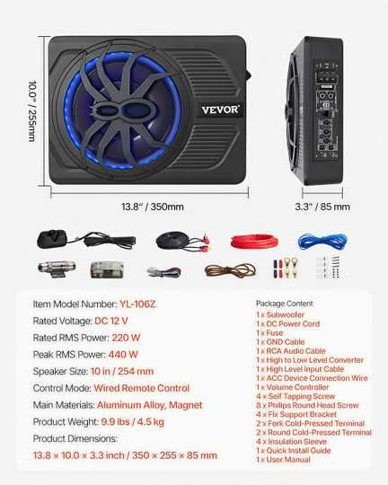 Subwoofer Slim VEVOR 10" 440W com Kit Cabos Profissional