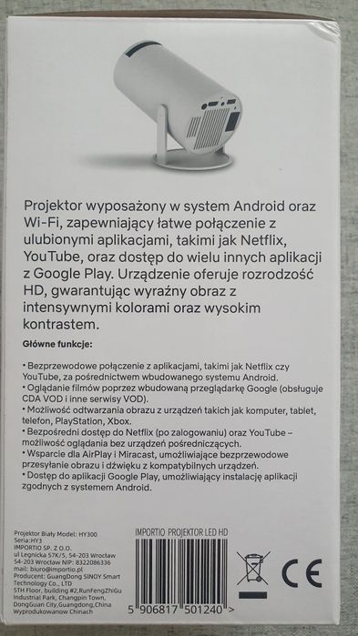 Przenośny projektor/rzutnik multimedialny z WiFi, HDMI, Bluetooth, USB, 40-130 cali, pilot