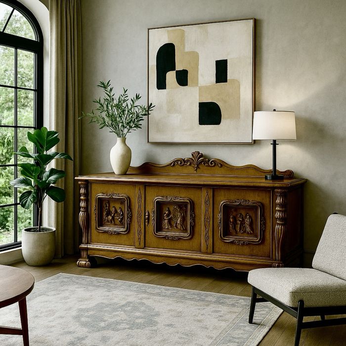 Комод креденс деревянный с рельефной резьбой, антикварный, из Европы