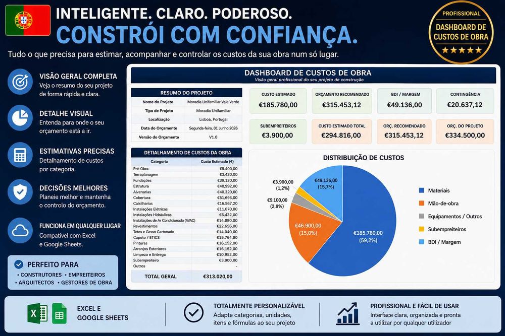 Folha de Cálculo Excel Orçamento Construção, Remodelação e Obras | Custos de Obra + Dashboard + Folha de cálculo Orçado vs Real