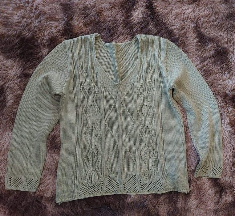 Sweter dzianinowo/ażurowy, oliwkowy, rozmiar 42