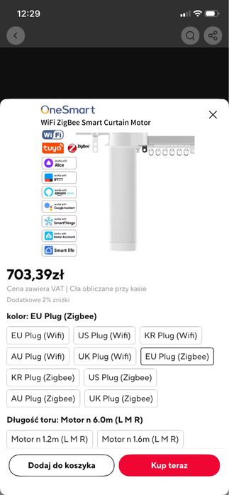 Karnisz elektryczny OneSmart Tuya Smart Life Wifi Zigbee do 6m dlugosci