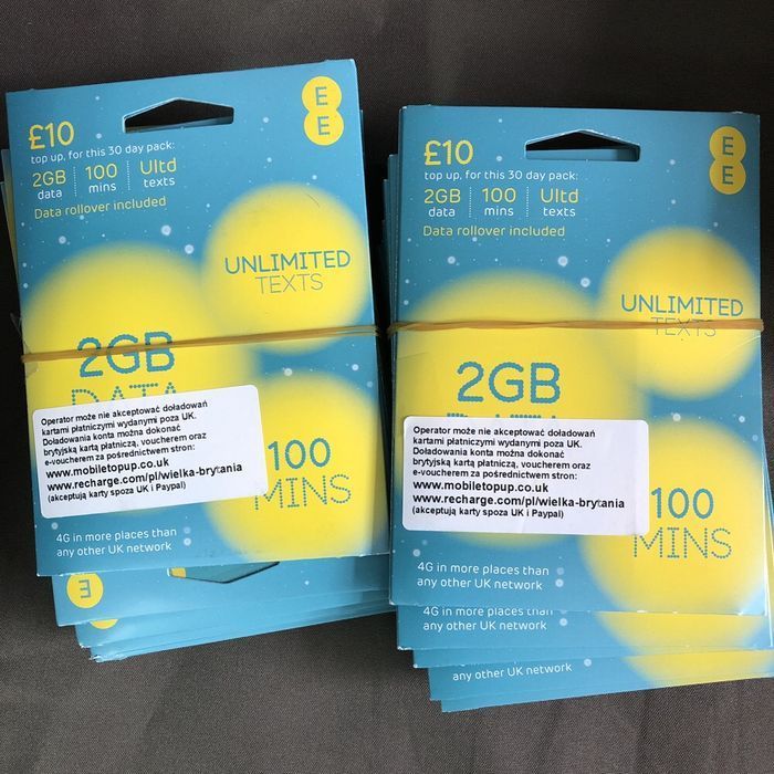 10 x EE UK +44 Starter England SIM Card Prepaid +9.70 GBP