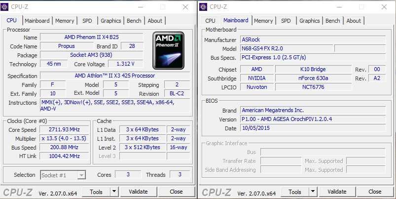 Комплект 3 ядра AMD Athlon II X3 425 /ASRock N68-GS4 FX (DDR3)