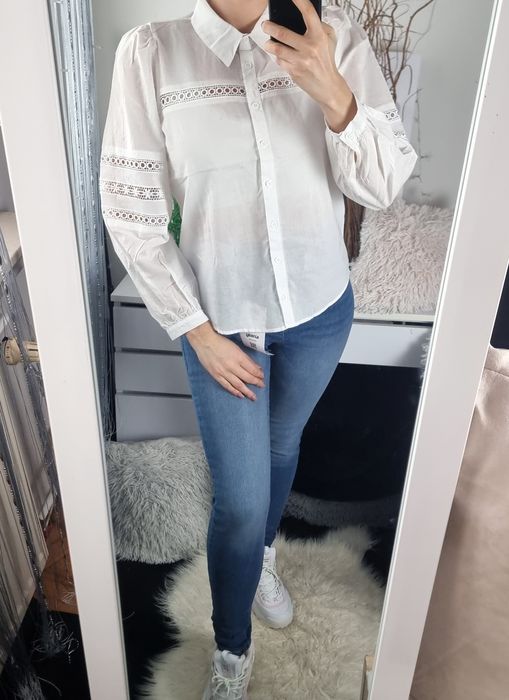 Koszula damska ażurowa z długim rękawem biała 100% bawełna S