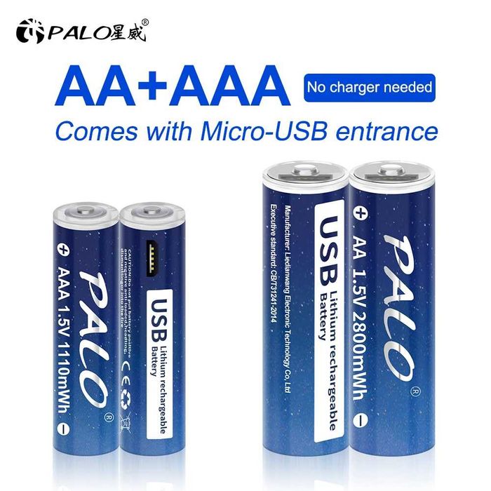 Литий-ионный аккумулятор AA AAA Li-ion Palo USB Type-C 2800/1110 1.5V ...