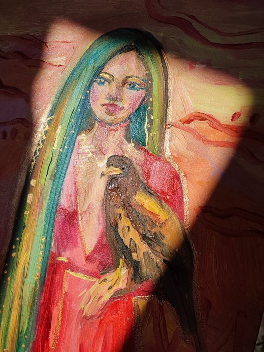 Картина Дівчина з орлом Яскрава помаранчево-рожева красива жінка бохо