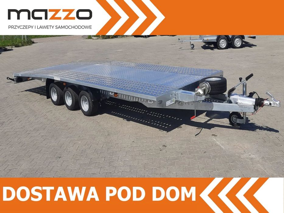 Niewiadów DOSTAWA! Laweta Jupiter wym. 500x210cm Przyczepa do przewozu aut, 3 OSIE, AMORTYZATORY, NAJAZDY, koło zapasowe, podłoga aluminiowa DMC 3500 kg  Niewiadów Boro DOSTAWA 500x210cm Laweta 3 osie podłoga aluminiowa