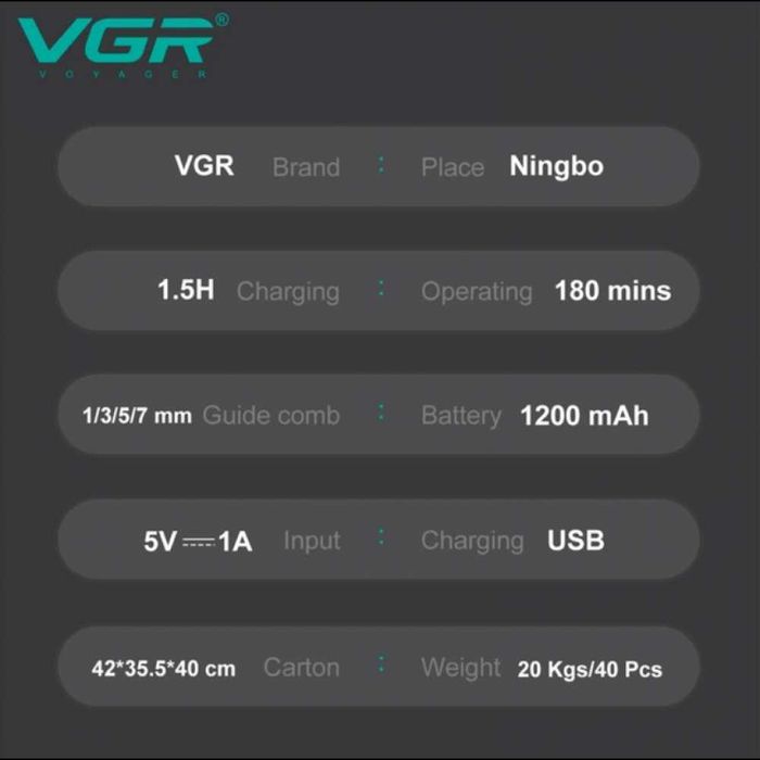 Бездротовий триммер для волосся з 5 насадками та USB, VGR V-949