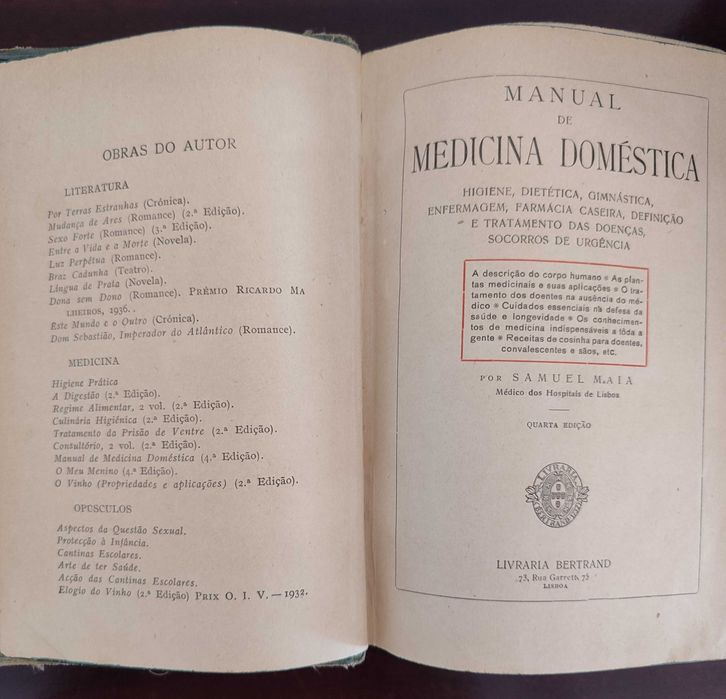 1932 Manual de Medicina Domestica LIVRARIA BERTRAND