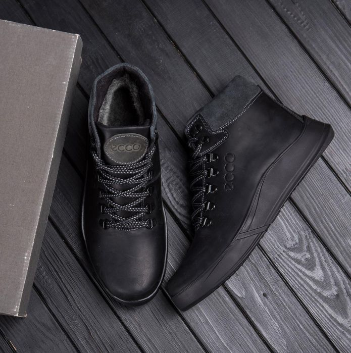 Чоловічі шкіряні черевики Ecco, зимові чорні ботінки високі, на хутрі