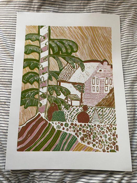 Linoryt "Żal" 86x61 kolorowy