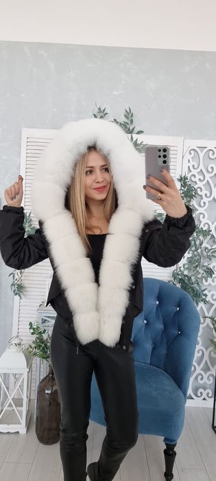 Зимняя парка бомбер финский песец, пуховик с натуральный мех блюфрост