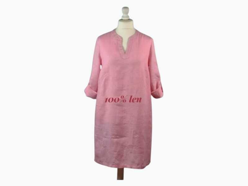 Sukienka tunika Luxzuz, 100% len, pudrowy róż lniana kieszenie, 36/S Oversize