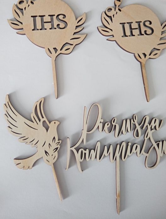 TOPPERY TOPPERY na tort babeczeki na Komunię Botaniczne 6szt drewniane