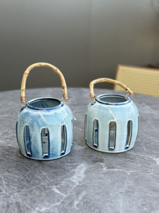 Conjunto de porta velas em cerâmica azuis com pega - Novos